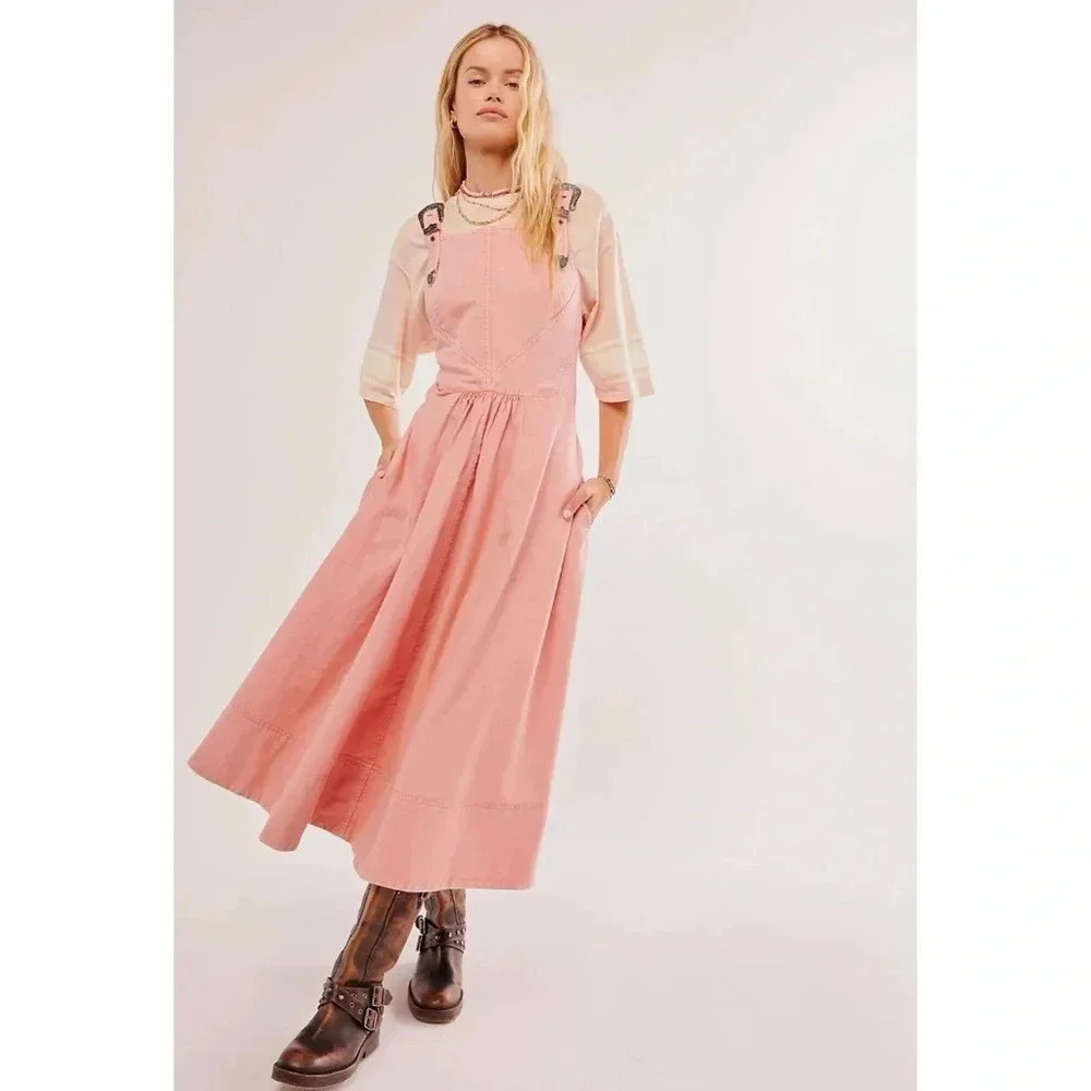 New Free People Stars Align Western Buckle Midi Dress Pink Size 6